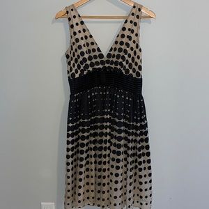 Anthropology dress, size 6, black polka dot on tan with satin belt detail.
